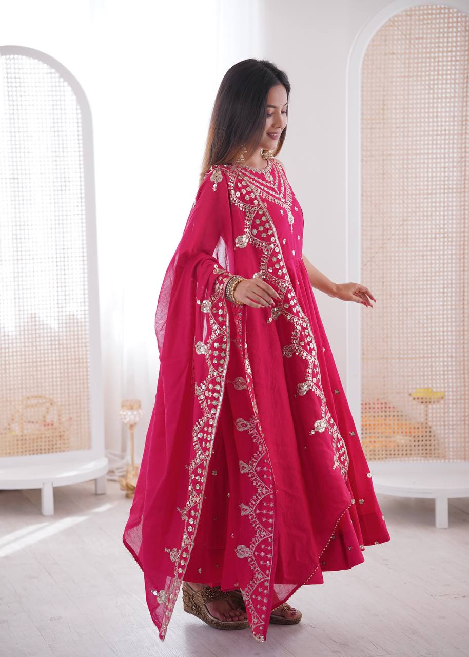 Ceremony Wear Pink Color Roman Silk Arti Chauhan Anarkali Gown Set