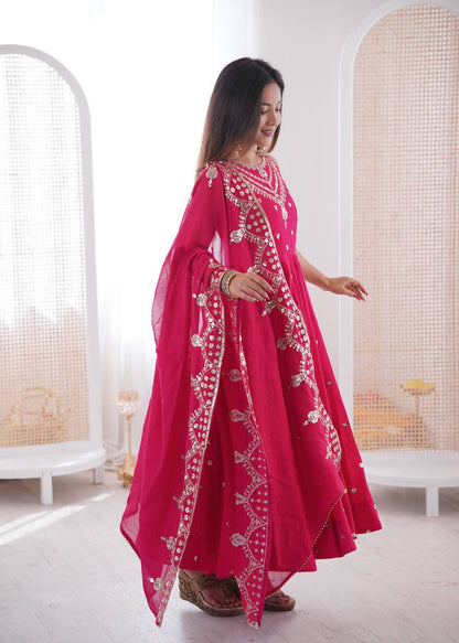Ceremony Wear Pink Color Roman Silk Arti Chauhan Anarkali Gown Set