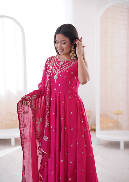 Ceremony Wear Pink Color Roman Silk Arti Chauhan Anarkali Gown Set