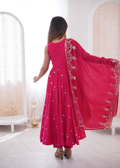 Ceremony Wear Pink Color Roman Silk Arti Chauhan Anarkali Gown Set