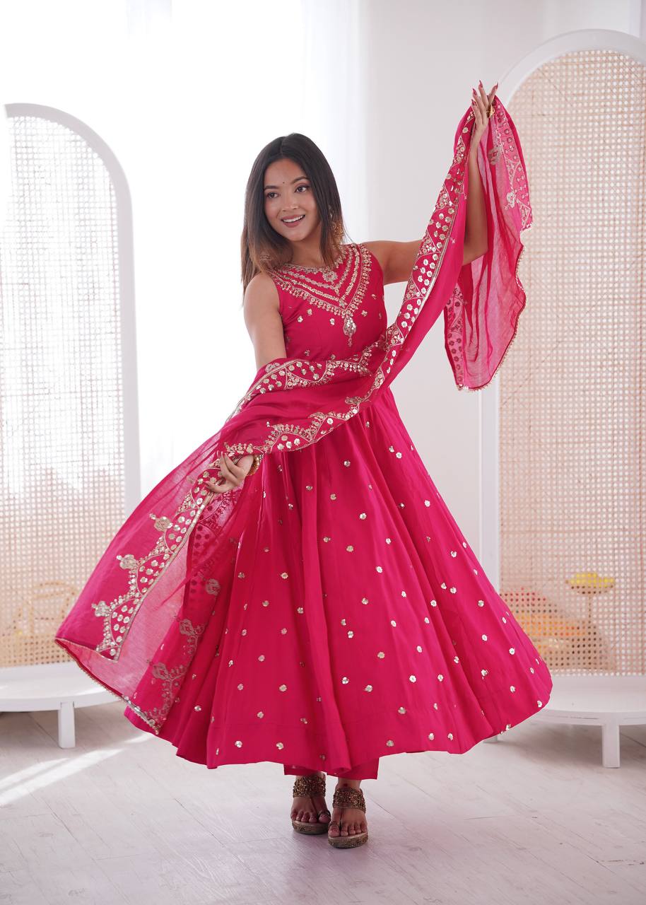Ceremony Wear Pink Color Roman Silk Arti Chauhan Anarkali Gown Set