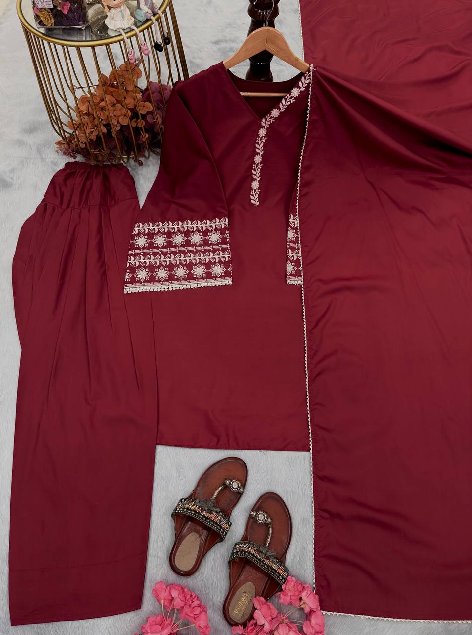 Casual Wear Maroon Color Natural Satin With Embroidery Work Beautiful Palazzo Suit