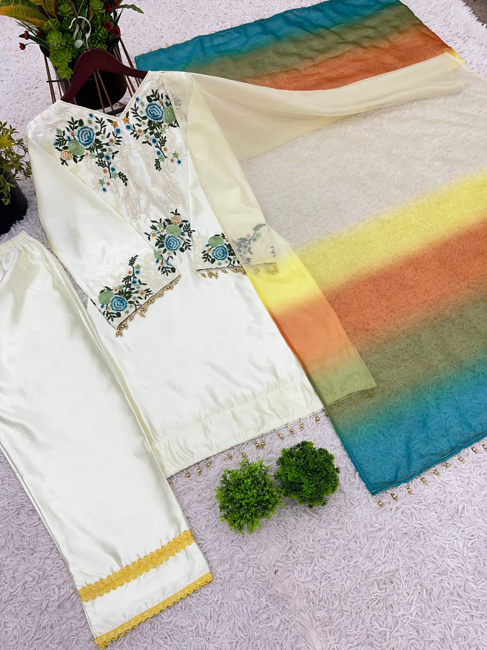 Stylish White Color Moss Satin With Heavy Embroidery Sequence Work Palazzo Suit