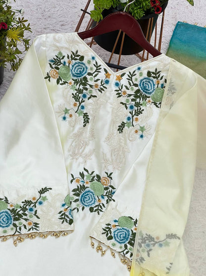 Stylish White Color Moss Satin With Heavy Embroidery Sequence Work Palazzo Suit
