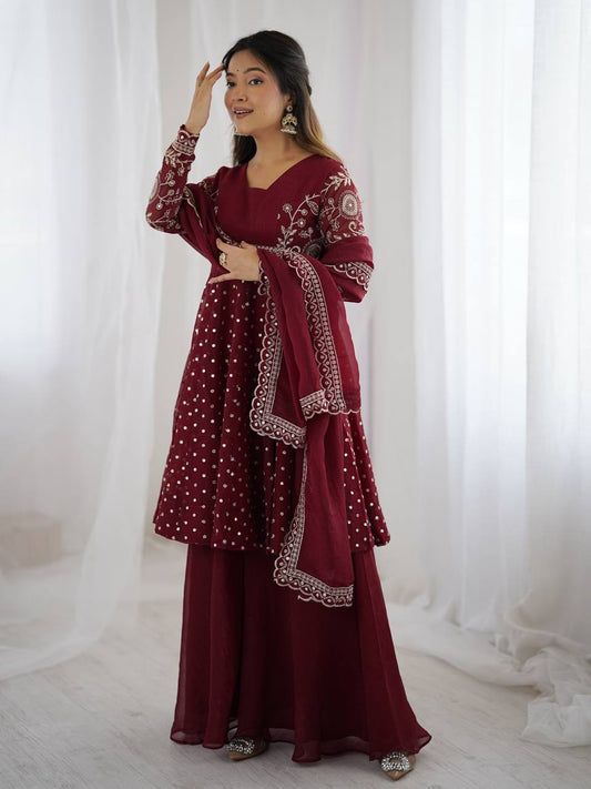 Party Wear Maroon Color Embroidered Sequence Work Sharara Suit