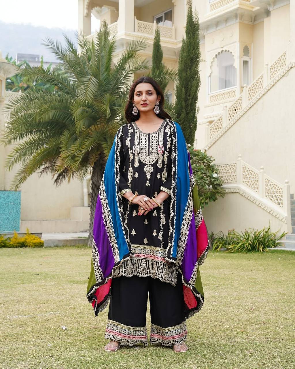 Embellished Black Color Pure Heavy Chinon Silk With Embroidery Coding Sequence Work Palazzo Suit