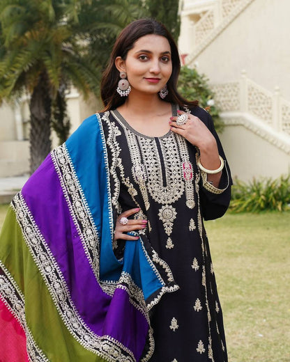 Embellished Black Color Pure Heavy Chinon Silk With Embroidery Coding Sequence Work Palazzo Suit