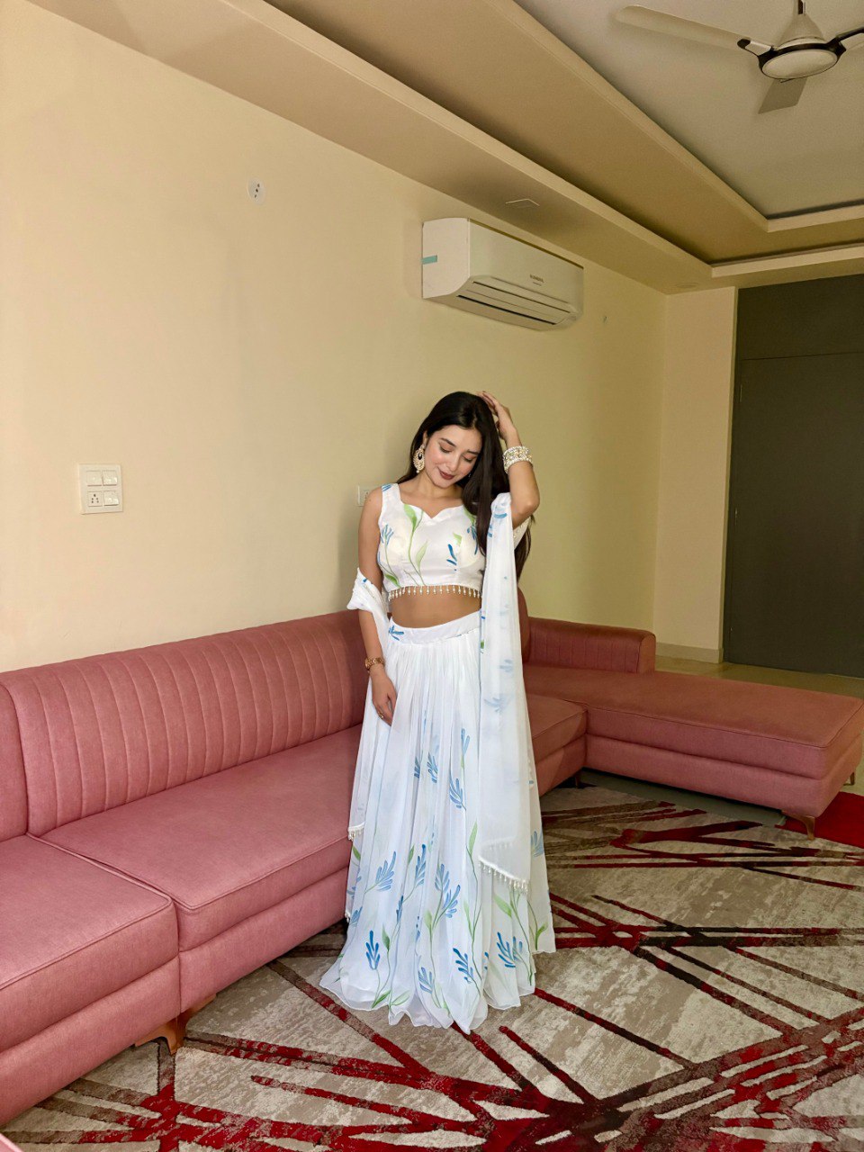 Mesmerizing Blue Color Soft Georgette Handpainted Lehenga Choli