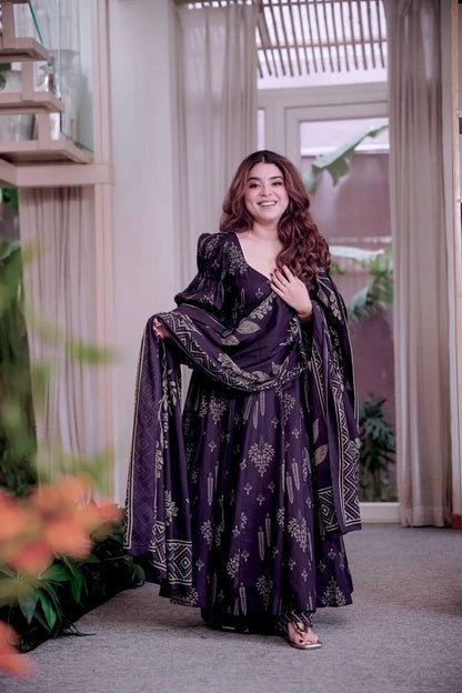 Elegant Purple Color Maslin Cotton Digital Print Anarkali Suit