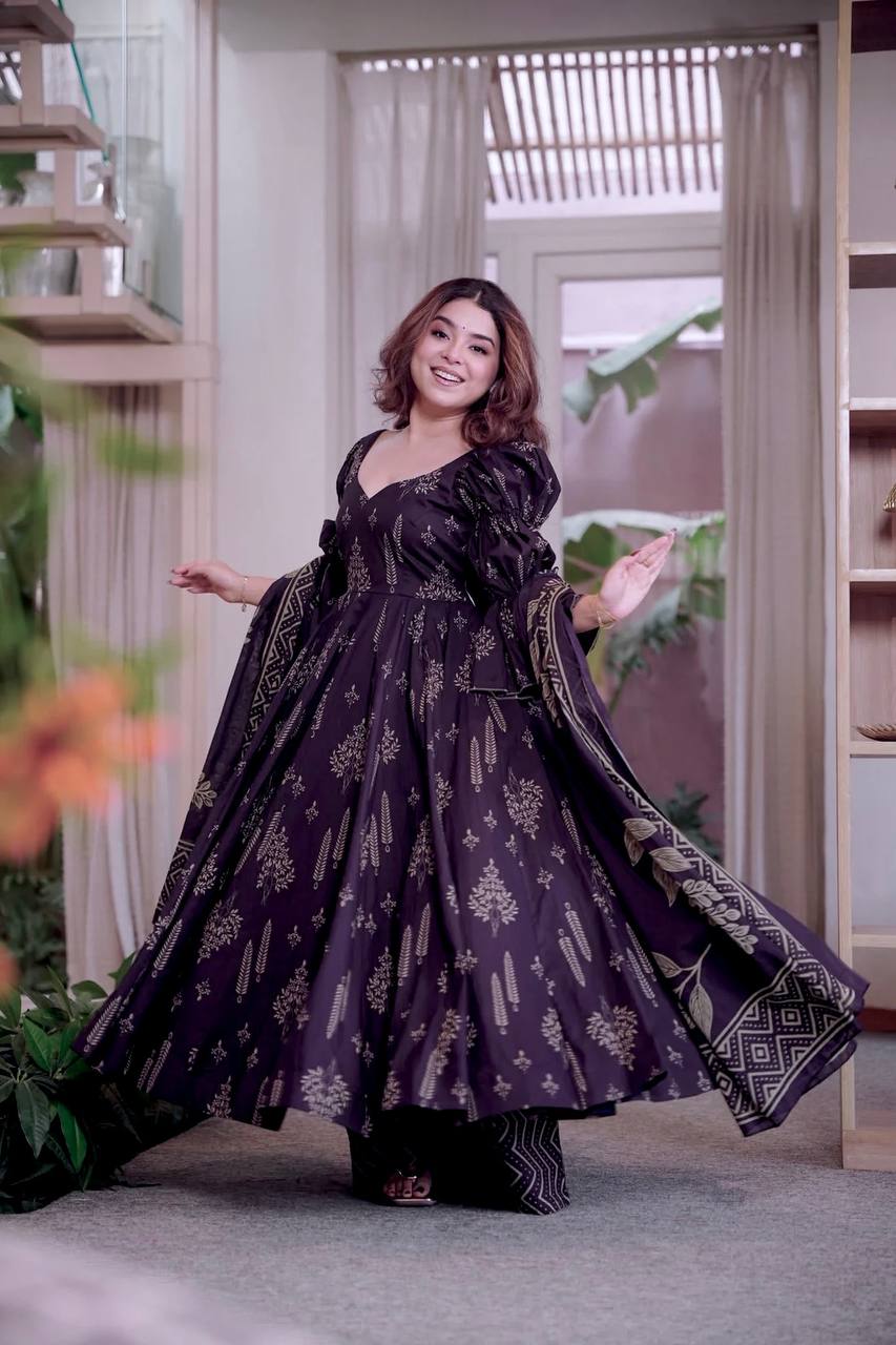 Elegant Purple Color Maslin Cotton Digital Print Anarkali Suit