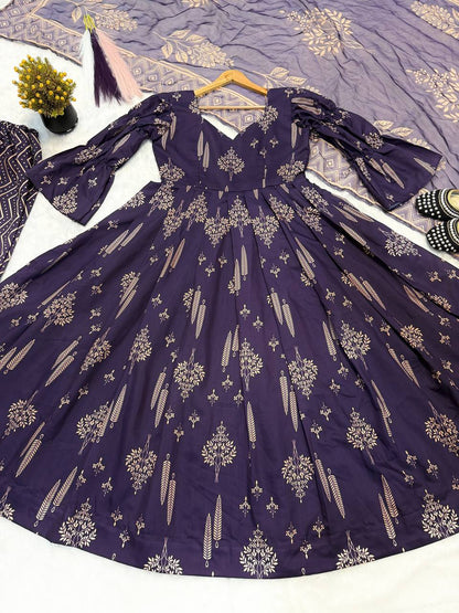 Elegant Purple Color Maslin Cotton Digital Print Anarkali Suit