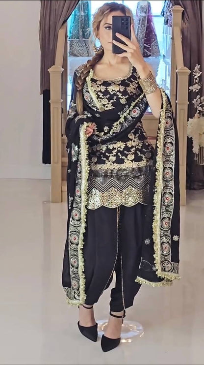 Exclusive Black Color Heavy Natural Crepe Silk With Sequence Work Dhoti Suit