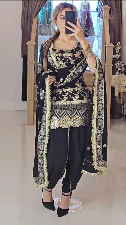 Exclusive Black Color Heavy Natural Crepe Silk With Sequence Work Dhoti Suit