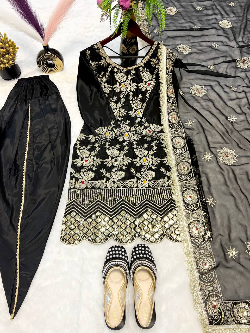 Exclusive Black Color Heavy Natural Crepe Silk With Sequence Work Dhoti Suit