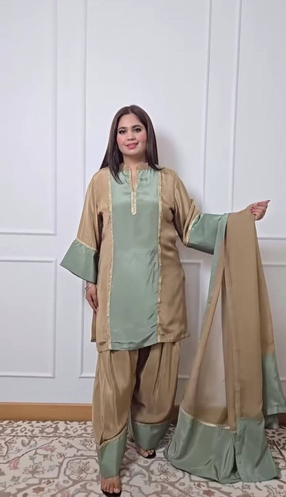 Party Wear Multi Color Natural Satin Designer Palazzo Suit