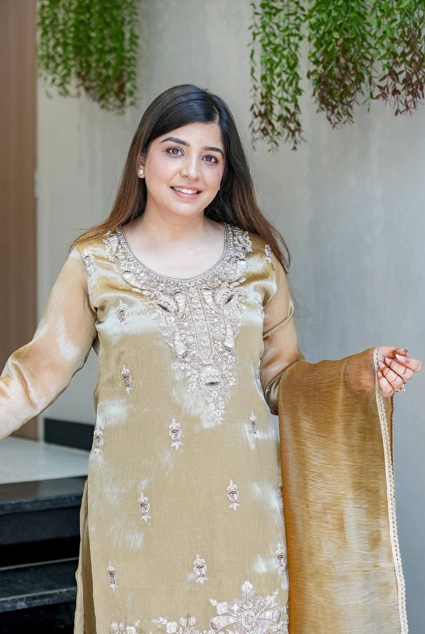 Elegant Beige Color Silky Silk Embroidered Palazzo Suit Set
