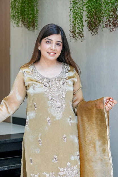 Elegant Beige Color Silky Silk Embroidered Palazzo Suit Set