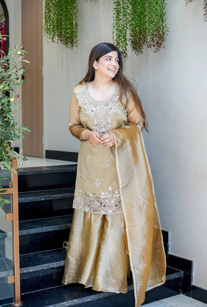Elegant Beige Color Silky Silk Embroidered Palazzo Suit Set