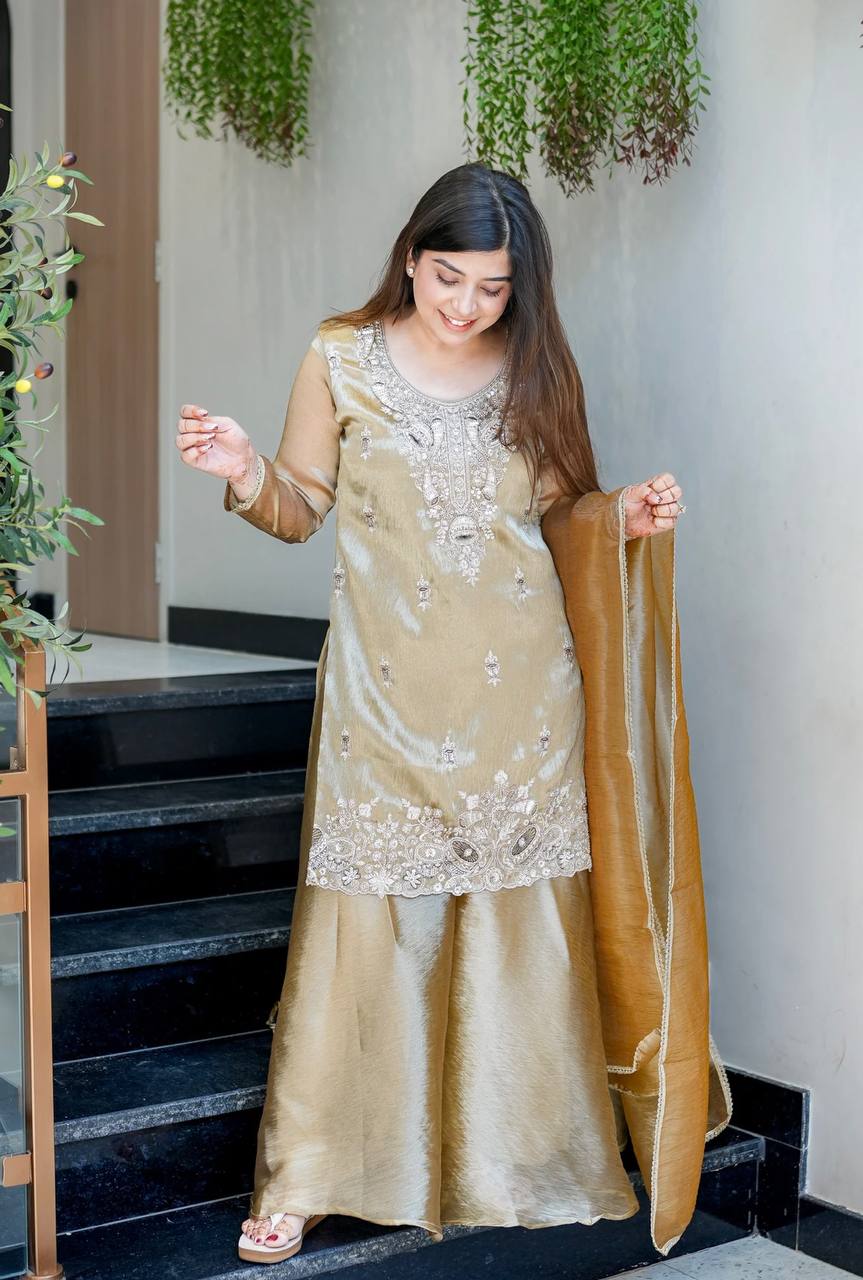 Elegant Beige Color Silky Silk Embroidered Palazzo Suit Set