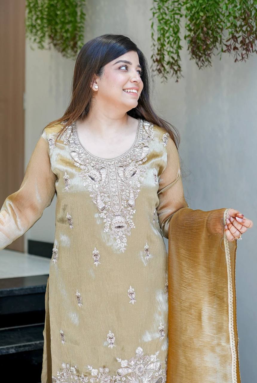 Elegant Beige Color Silky Silk Embroidered Palazzo Suit Set
