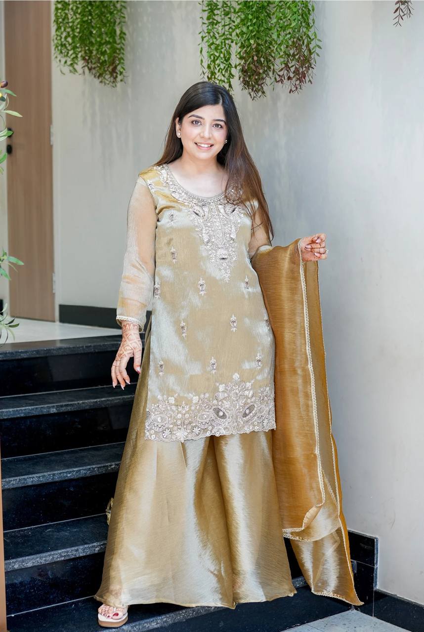 Elegant Beige Color Silky Silk Embroidered Palazzo Suit Set