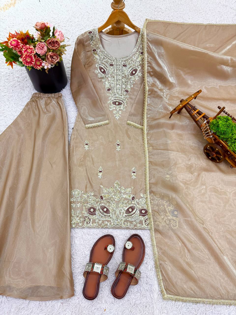 Elegant Beige Color Silky Silk Embroidered Palazzo Suit Set