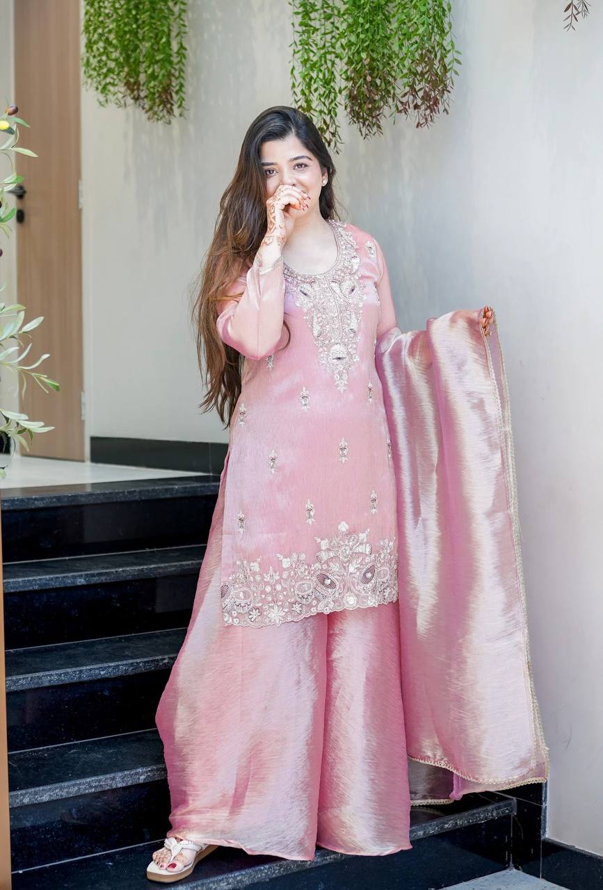 Wedding Wear Baby Pink Silky Silk Embroidered Palazzo Suit Set