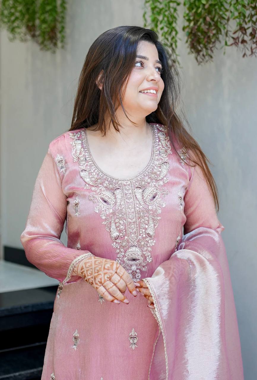 Wedding Wear Baby Pink Silky Silk Embroidered Palazzo Suit Set