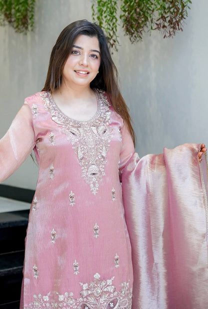 Wedding Wear Baby Pink Silky Silk Embroidered Palazzo Suit Set