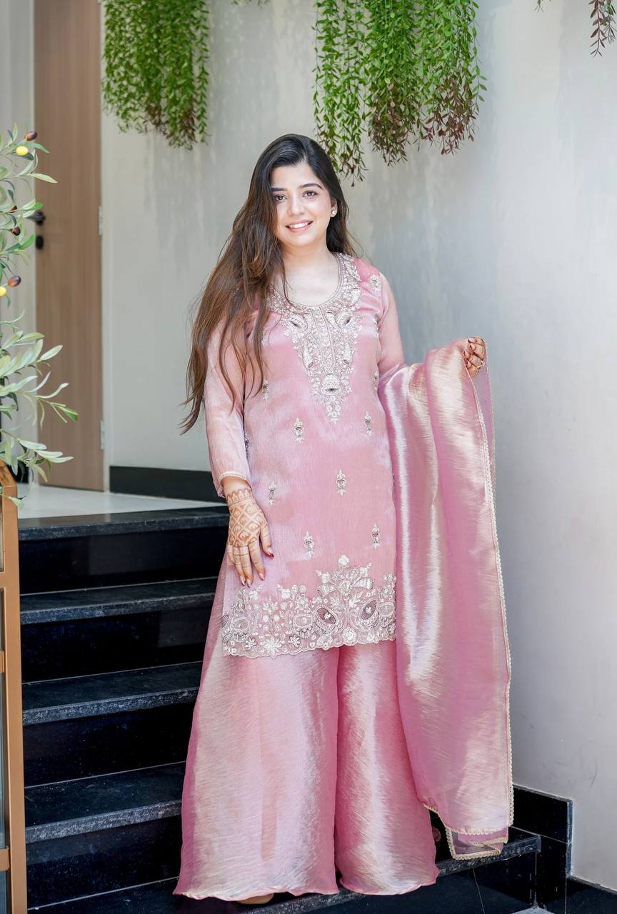Wedding Wear Baby Pink Silky Silk Embroidered Palazzo Suit Set
