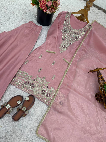 Wedding Wear Baby Pink Silky Silk Embroidered Palazzo Suit Set