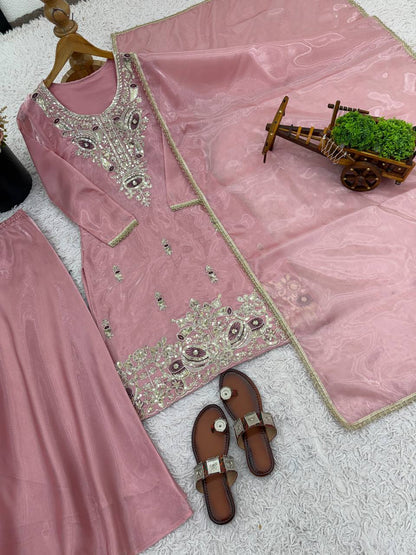 Wedding Wear Baby Pink Silky Silk Embroidered Palazzo Suit Set