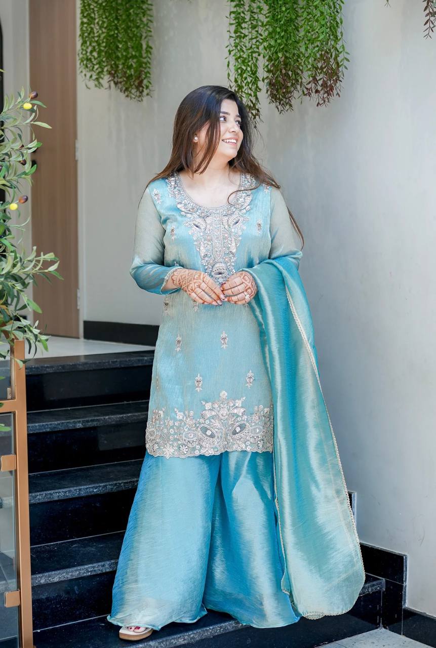 Wedding Wear Sky Blue Silky Silk Embroidered Palazzo Suit Set