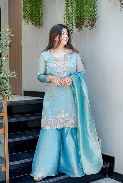 Wedding Wear Sky Blue Silky Silk Embroidered Palazzo Suit Set