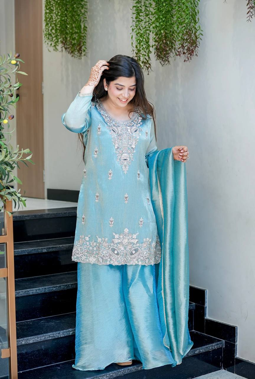 Wedding Wear Sky Blue Silky Silk Embroidered Palazzo Suit Set