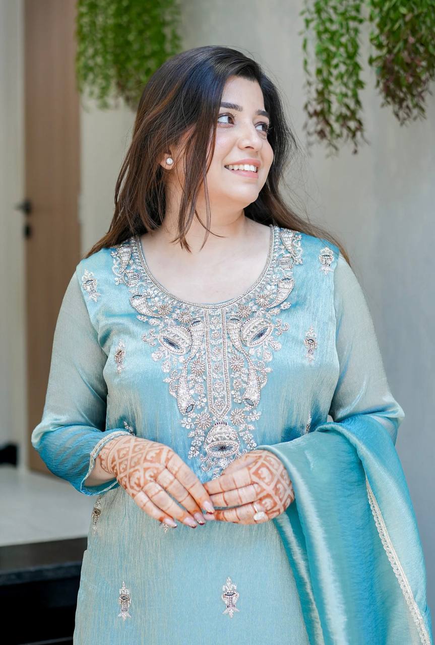 Wedding Wear Sky Blue Silky Silk Embroidered Palazzo Suit Set