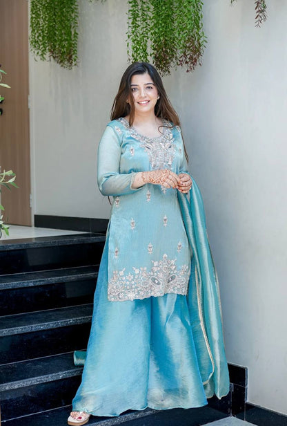 Wedding Wear Sky Blue Silky Silk Embroidered Palazzo Suit Set