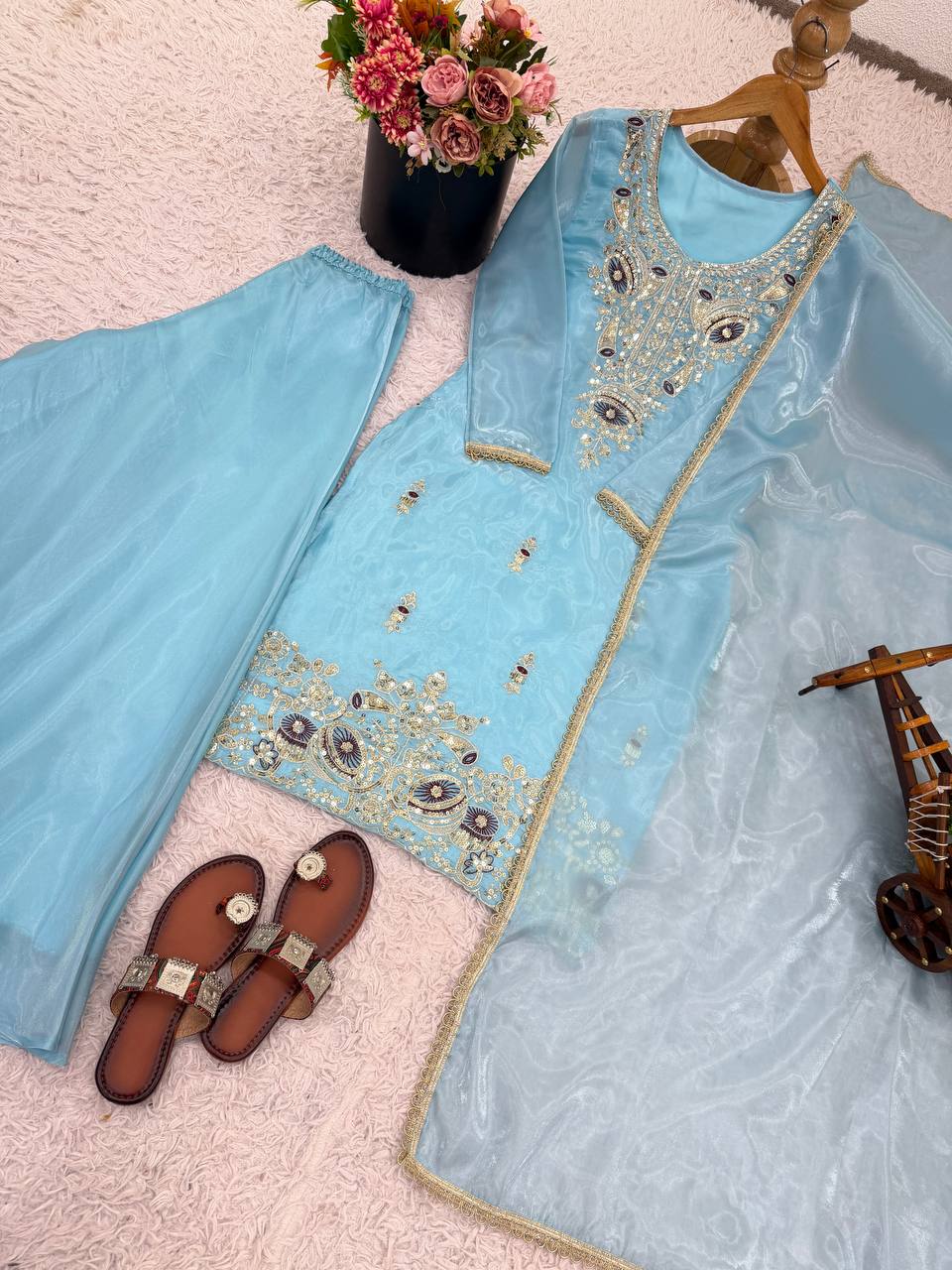 Wedding Wear Sky Blue Silky Silk Embroidered Palazzo Suit Set