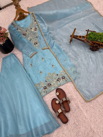 Wedding Wear Sky Blue Silky Silk Embroidered Palazzo Suit Set
