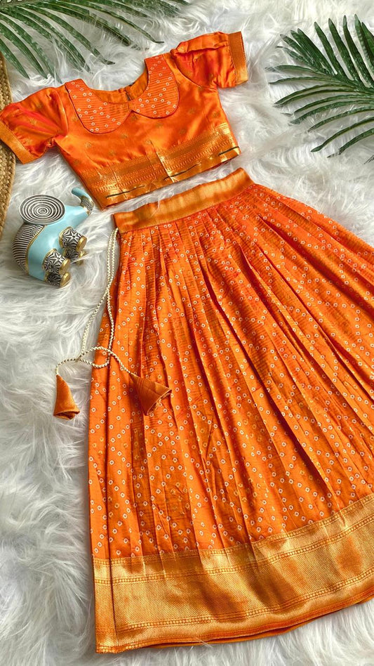 Beautilful Orange Color Designer Bandhej Kids Lehenga Choli