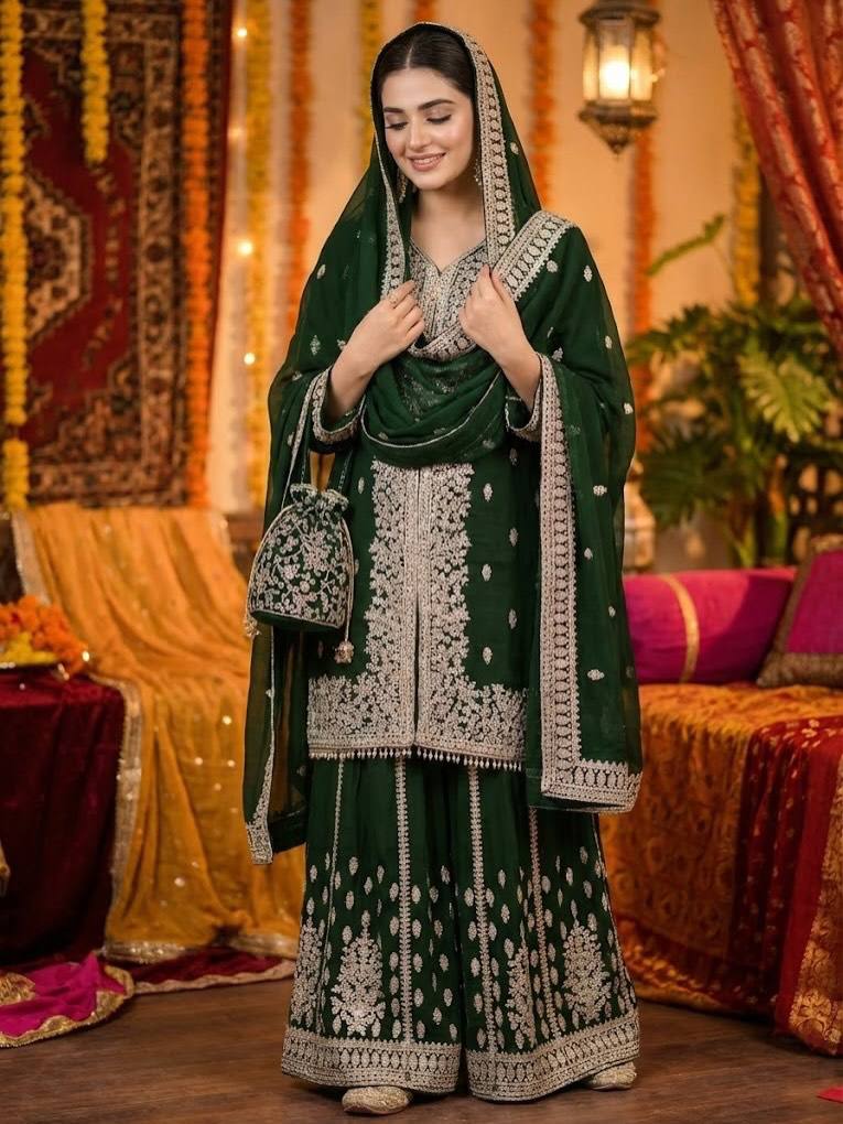Beautiful Green Color Sequins Sharara Suit With Dupatta Set