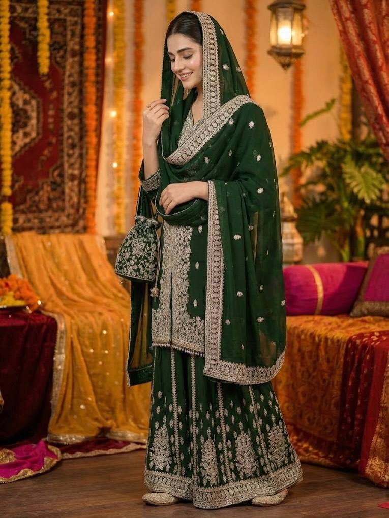 Beautiful Green Color Sequins Sharara Suit With Dupatta Set