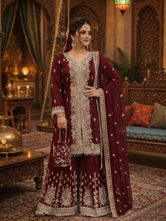 Fancy Maroon Color Sequins Sharara Suit With Dupatta Set