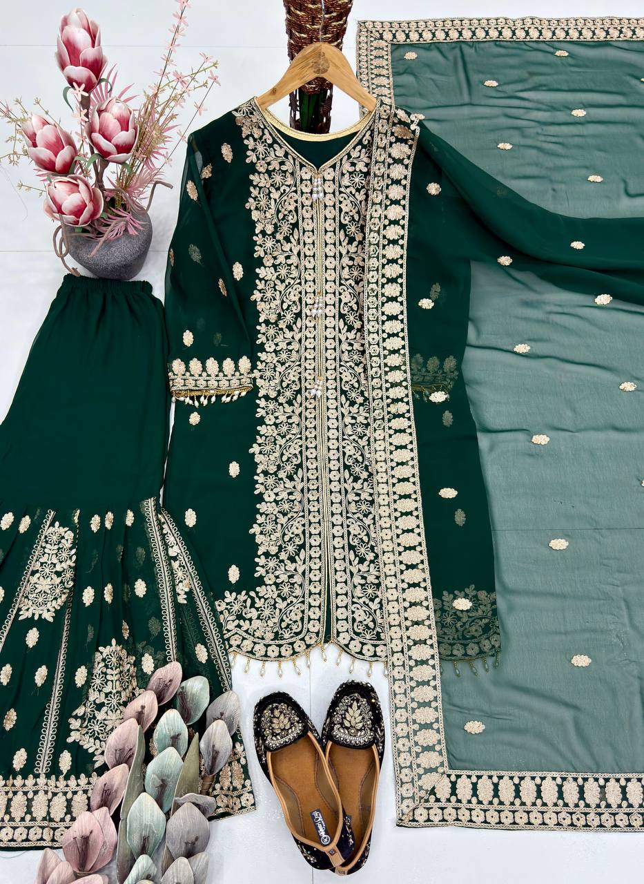 Beautiful Green Color Sequins Sharara Suit With Dupatta Set
