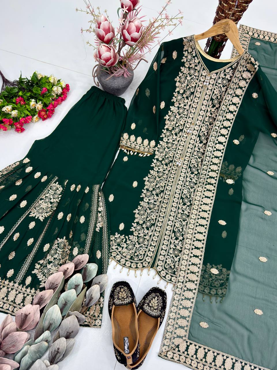 Beautiful Green Color Sequins Sharara Suit With Dupatta Set