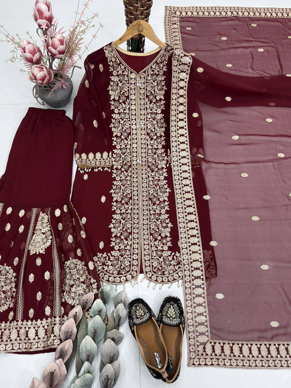 Fancy Maroon Color Sequins Sharara Suit With Dupatta Set