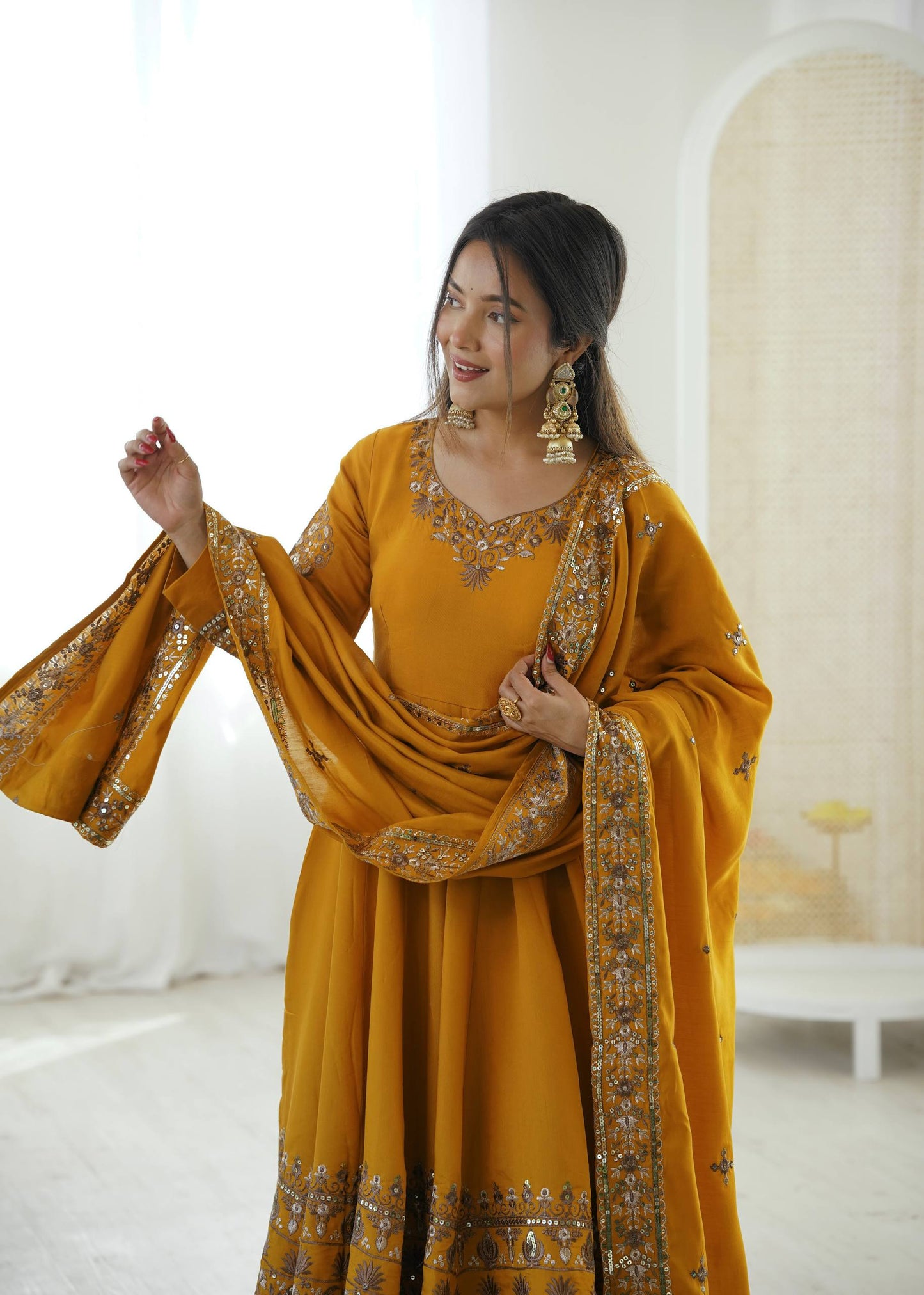 Haldi Wear Yellow Color Sequence Embroidered Anarkali Suit With Dupatta