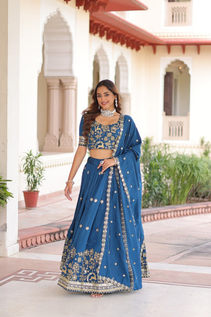 Designer Blue Color Vichitra Silk Embroidered Lehenga Set