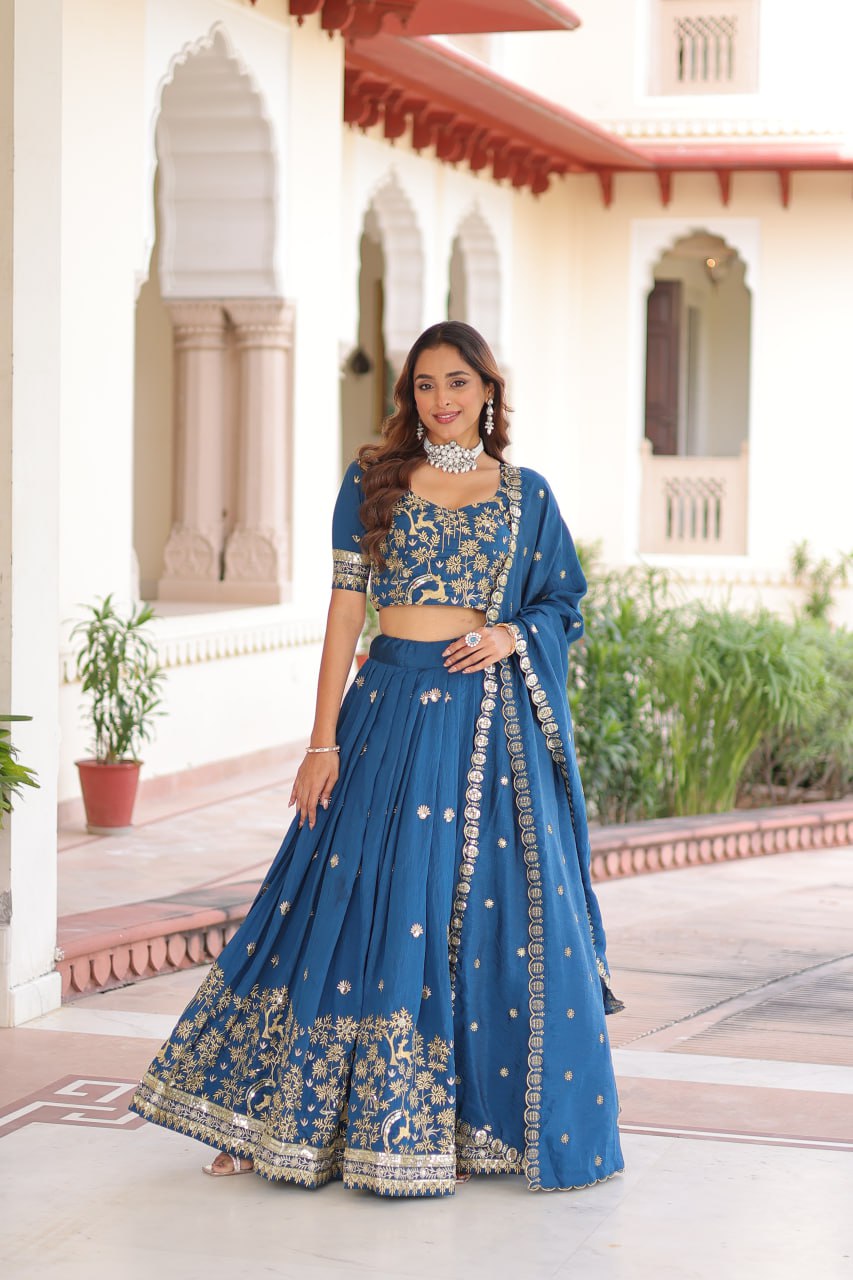 Designer Blue Color Vichitra Silk Embroidered Lehenga Set