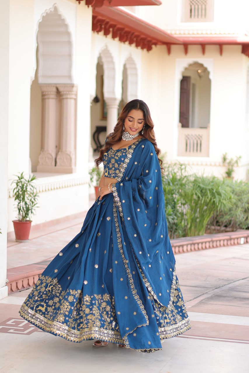 Designer Blue Color Vichitra Silk Embroidered Lehenga Set
